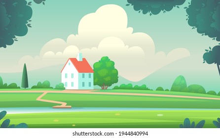 Cozy country house on the river bank against the backdrop of mountainous terrain. Picturesque landscape. Summer day in the village or at the farm. Vector illustration in cartoon style