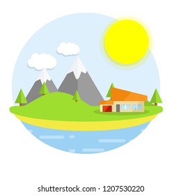 Cozy country house. Summer landscape with mountains and forest. Holiday home. Little hotel on sea
