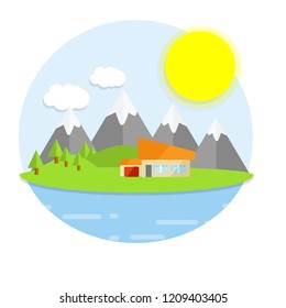 Cozy country house. Summer landscape with mountains and forest. Holiday home. Little hotel on sea. Cartoon flat illustration
