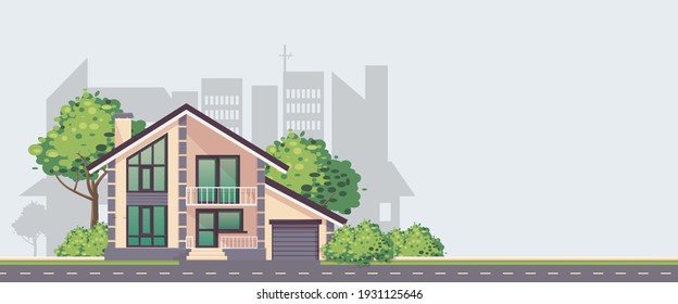 Cozy country house with trees and shrubs.Banner template for construction site or advertisement of real estate agency,renovation,hardware store, sale of real estate.Horizontal background in flat style