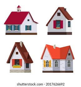 Cozy country houses with tiled roofs and shutters on the windows.  Buildings for life in village. Vector illustration in flat style on white background