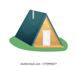 Cozy country triangular house made of wood with a veranda. Suburban housing. Private house. Farm. Agriculture, farming.