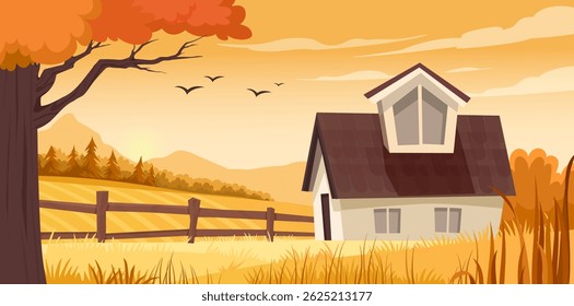 Cozy countryside house in autumn field with tree, flying birds, mountains and warm sky, flat cartoon style on soft orange background. Concept of rural living. Vector illustration