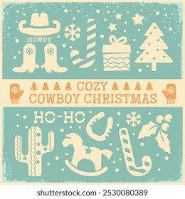 Cozy Cowboy Christmas Festive Western Holiday Vector blue white card vintage style illustration for winter holiday. The design includes cowboy hats, boots, cacti, horseshoes, Christmas trees, candy 