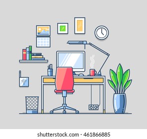 Cozy creative office interior. Work place or studying place with pc, lamp, book shelf  etc. Home work space concept. Modern vector thin line illustration in flat design. Premium quality.