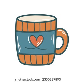 Cozy cup with heart vector illustration. Cute mug with hot drink, isolated doodle style picture