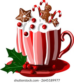 Uma xícara acolhedora de chocolate quente servida em uma caneca de Natal festiva, acompanhada por uma bengala e um biscoito de gengibre. Perfeito para temas relacionados com inverno, celebração, conforto e iguarias sazonais