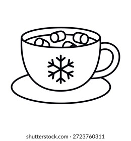 Taza acogedora con ilustración de malvaviscos en estilo simple. Bebida caliente del invierno para las Navidades, diseños de los niños, tarjetas de vacaciones, pegatinas, impresiones, patrones. Dibujado a mano. Vector. Fondo aislado. Arte lineal.