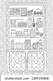 cozy cupboard with tableware and jars of preserves for your coloring page