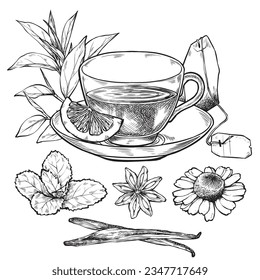 Gemütliche Tassen und Becher mit heißem Tee. Illustrationen im Ink-Stil, handgezeichnet, Linien-Kunstzeichnung, Illustrationssatz für Café- oder Speisekarte.