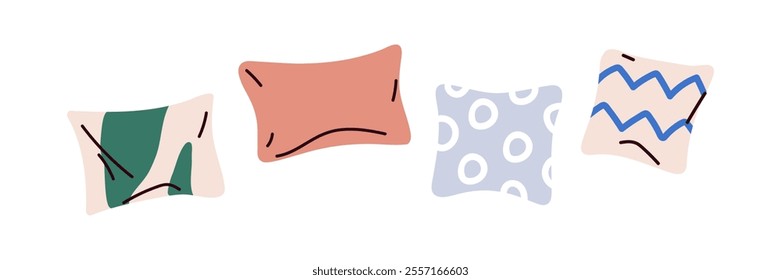 Cozy cushions in modern pillow cases set. Comfortable soft home decor for bed, sofa, couch. Decorative pillowcases, square and rectangle shape. Flat vector illustration isolated on white background