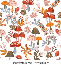 Cozy And Cute Autumn Plants And Leaves. Vector Illustration EPS 10 , Seamless Pattern Background Of Fall Flower Season ,Design For Fashion , Fabric, Textile, Wallpaper,, Wrapping And All Prints 