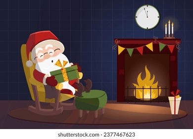Cozy and cute Christmas card with sleeping Santa Claus in armchair near fireplace at midnight. Christmas, New Year coloured vector illustration. Collection of cards. Copy space for text