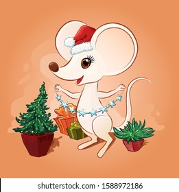 Cozy cute christmas illustration with 2020 symbol, mouse or rat decorating a fir tree inside the house