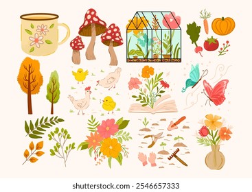 Cozy cute cottagecore vector set. Countryside farm items, animals, flowers, cup and book, chickens, gardening tools, mushrooms. Homey country stuff. Flat illustration easter collection hand-drawn 