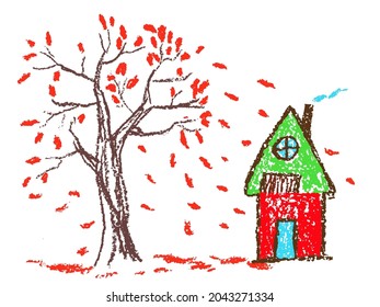 Cozy cute country house under autumn tree and falling leaves. Crayon hand drawing funny doodle scene. Cartoon pastel chalk or pencil kids painting simple vector style. Childlike illustration. 