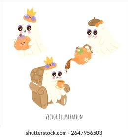 Cozy and Cute Ghost Party Pumpkin Tea and Sweets — Warm Orange Autumn Halloween Illustration Collection with Adorable Spooky Vibes