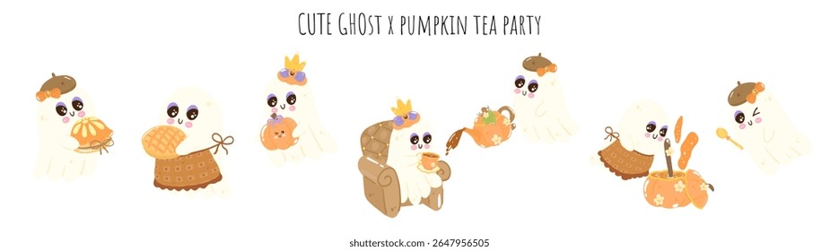 Cozy and Cute Ghost Party Pumpkin Tea and Sweets — Warm Orange Autumn Halloween Illustration Collection with Adorable Spooky Vibes