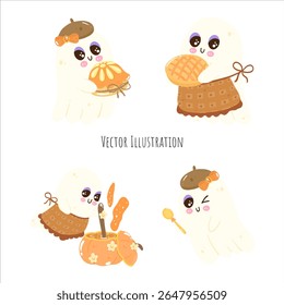 Cozy and Cute Ghost Party Pumpkin Tea and Sweets — Warm Orange Autumn Halloween Illustration Collection with Adorable Spooky Vibes