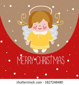 Cozy cute greeting card with a picture of a little angel and a decorative composition of words, lettering. Vector illustration in cartoon style for postcard printing or digital use.