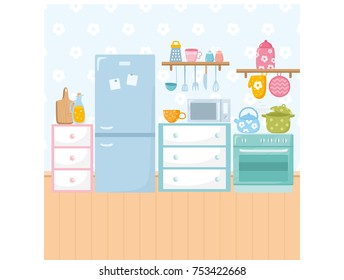 Cozy and cute kitchen concept. Modern kitchen interior. Cookware tools collection. 
