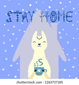 Cozy cute llama or alpaca with a mug of hot tea on the background of the house and the inscription stay at home. on blue background with snow. Vector illustration