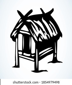Cozy cute small poor aged Thai rest reed cover protect roof barn. Retro white outline black hand drawn primitive wood door pet farm dwell villa relax picture sketch logo design art vintage line style