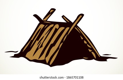 Cozy cute small poor aged Thai beach rest reed palm cover protect roof barn. Retro white outline black hand drawn garden rural farm pet dwell cottage relax sketch. Logo design art vintage line style