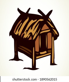 Cozy cute small poor aged Thai rest reed cover protect roof barn. Retro white outline black hand drawn primitive wood door pet farm dwell villa relax picture sketch logo design art vintage line style