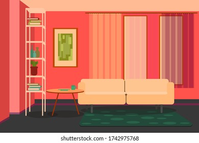 cozy cute vector illustration of a living room with a sofa table and books, living room, flat design