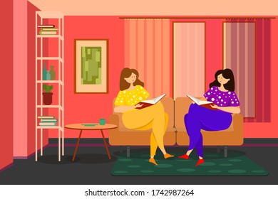 Cozy cute vector illustration of a living room with a sofa table and books in which girls read a book, living room, flat design