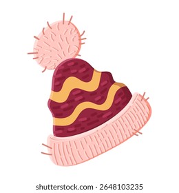 Cozy cute warm hat, perfect for fall or winter themed designs. Vector illustration for banner, flyer, textile, print, surface, fabric design. Colorful flat illustrations