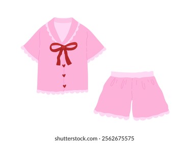 Cozy cute woman homewear. Coquette pink comfy pajamas, shirt and shorts with red bow and hearts. Vector flat illustration isolated on white background