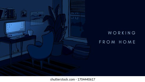 Cozy dark night home office vector illustration. Cute interior for working from home.