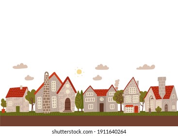 Cozy day small town street. Cartoon grey city buildings flat vector illustration. Empty space for text