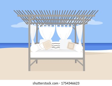 A cozy daybed with curtains and pillows on the beach, outdoor leisure, summertime, sea, ocean view, sun lounger, no people