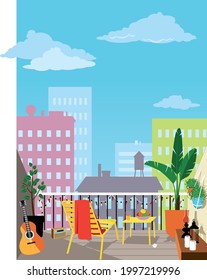 Cozy decorated balcony with a set of garden furniture, plants and a guitar, urban landscape on a background, EPS 8 vector illustration