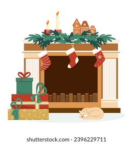 Cozy decorative New Year's fireplace with presents, garlands, candles and socks. Flat style vector illustration. Happy New Year and Merry Christmas