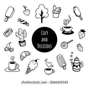 Cozy and delicious stuff vector doodles set