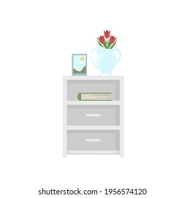 Cozy design home interior elements. Blue vase with red flowers, picture with nature landscape standing on the wooden nightstand, book in green cover. Vector illustration isolated on white background