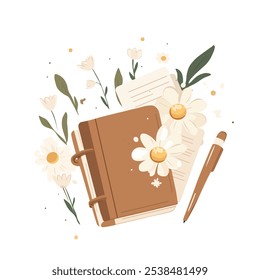 Cozy Desk with Journal, Coffee, and Flowers. Flat Lay of Notebook, Coffee, and Floral Decor. Aesthetic Journal Setup with Coffee and Pen