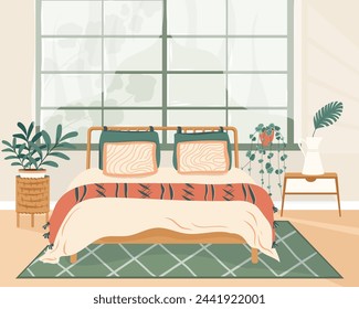 Cozy detailed boho style bedroom interior with a stylish combination of trendy earth tones. Bed with pillows, plants, night tables. Modern interior design in Scandinavian Style. Vector illustration