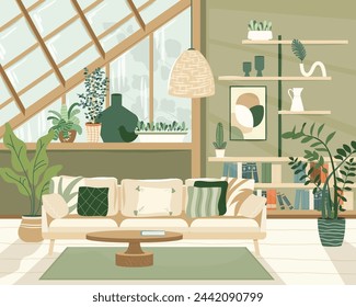 Acogedor y detallado interior de salón estilo boho con una elegante combinación de tonos tierra de moda. Sofá con almohadas, plantas, mesa. Diseño interior moderno en estilo escandinavo. Ilustración de vector