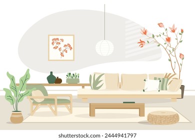 Cozy detailed living room interior in Japandi or Scandinavian style with a stylish combination of fashionable natural tones. Sofa with pillows, plants, table. Modern interior design