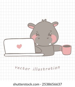 Acolhedor Digital Art Pigmeu Hippo Usando Laptop e segurando xícara de café