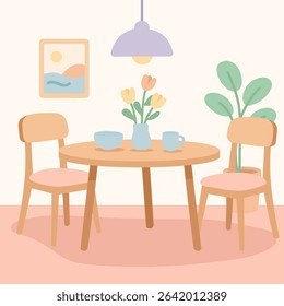 A cozy dining area features a round wooden table adorned with a vase of fresh flowers, surrounded by two simple chairs, and a soft, inviting atmosphere with warm colors.