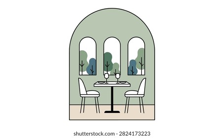 Cozy dining table setup for two inside an arched room with large windows overlooking green trees and soft pastel interior tones.