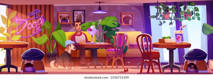 Cozy dog friendly cafe interior. Man sitting at table with his puppy enjoying ice cream dessert. Cartoon vector cafeteria indoor with cute pet portraits on wall, plants in pot, animals toys and houses