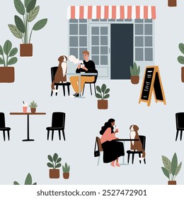 Cozy Dog Friendly Coffee Shop Seamless Patterns. Background with pups, cafe patrons, baristas, drinks. People chat, relax, and work in stylish decor beanery digital paper. Flat vector illustration. 