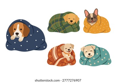 Cozy dogs wrapped in blankets element set vector, cute puppy sleeping in burrito style clip art